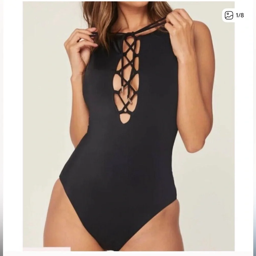 Andie Swim The Oahu One Piece Swimsuit Black lace up high neck back sexy